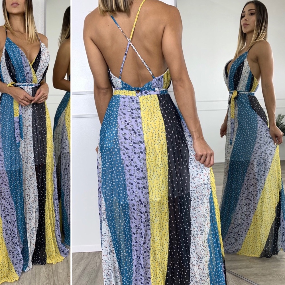 Boho Plunge Neckline Crossback Blue Maxi Dress 👗